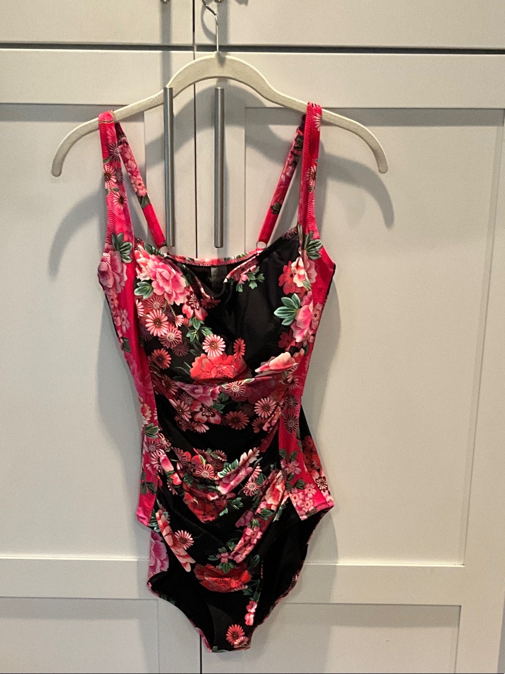 Johnny Was Ruched Black Floral One-Piece Swimsuit with Pink & Green Accents